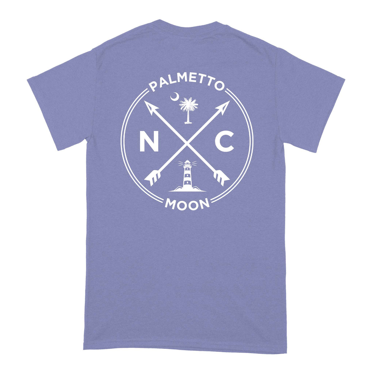 Palmetto Moon short sleeve violet t-shirt with large back graphic featuring NC letters, lighthouse, palm tree, crescent moon, and crossed arrows.