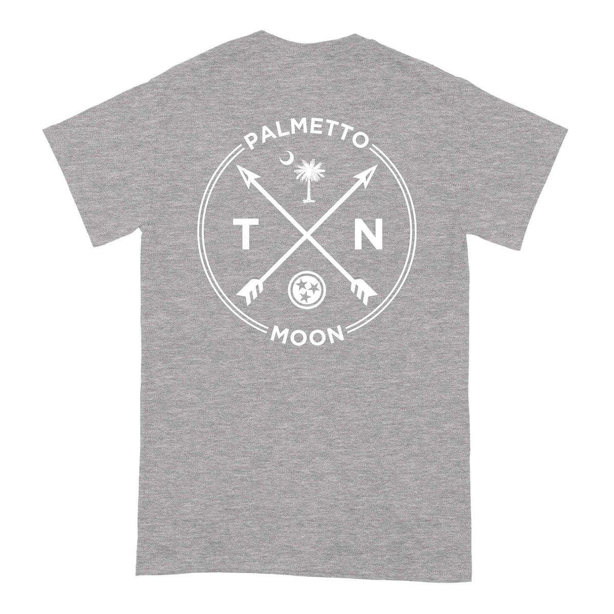 Back of sport grey short sleeve t-shirt with white crossed arrow design and “Palmetto Moon TN” graphic featuring Tennessee emblem and palmetto tree.