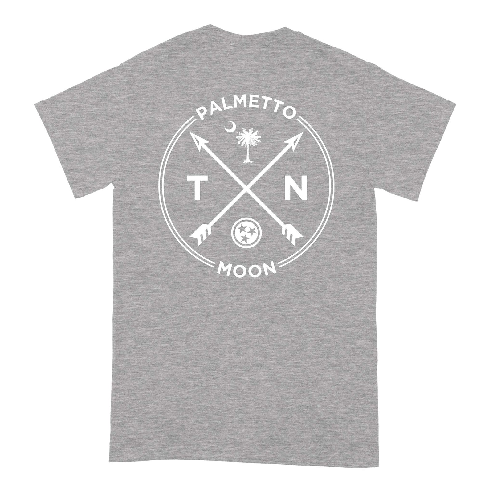 Back of sport grey short sleeve t-shirt with white crossed arrow design and “Palmetto Moon TN” graphic featuring Tennessee emblem and palmetto tree.