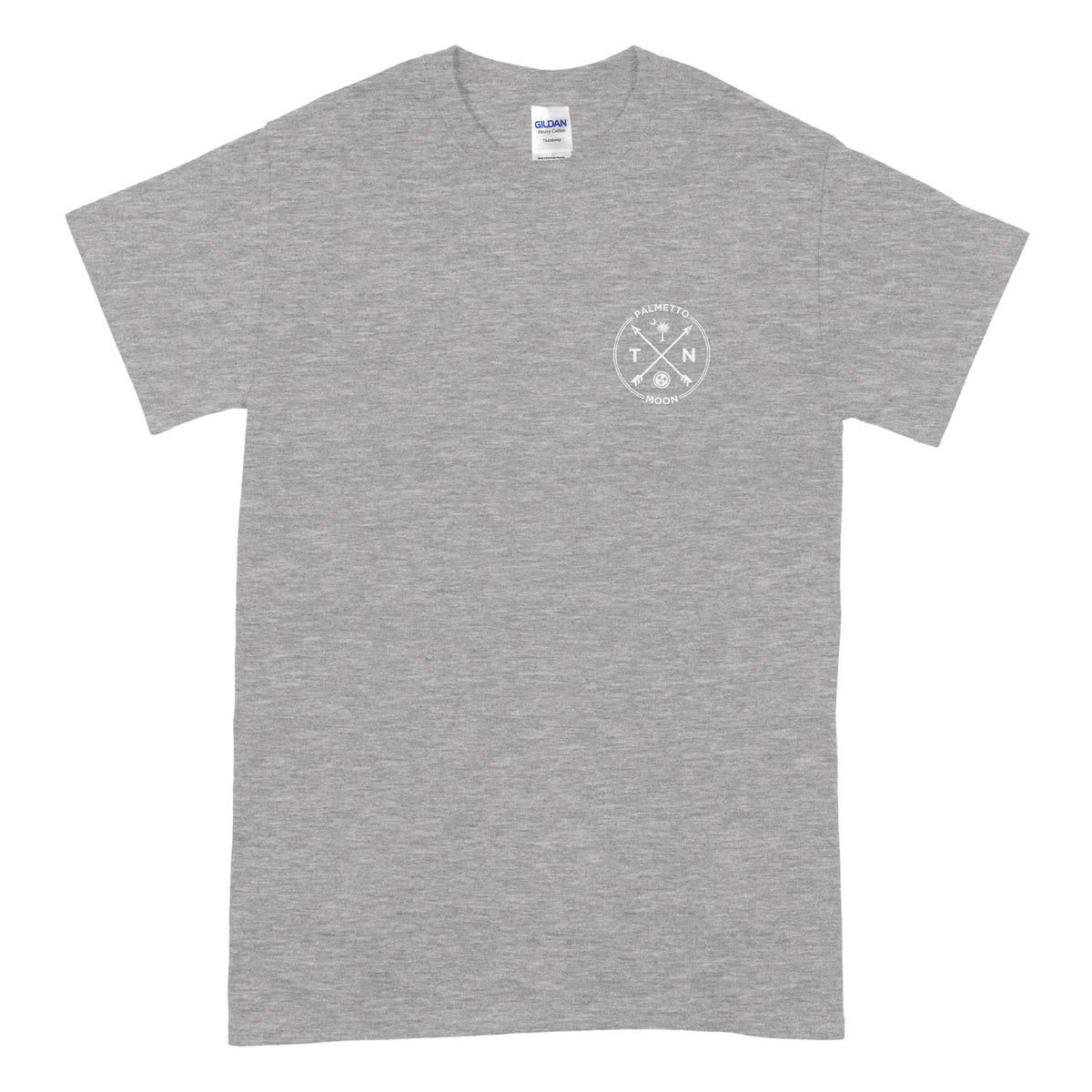 Front of sport grey t-shirt showing small white “Palmetto Moon TN” crossed arrow logo on left chest.