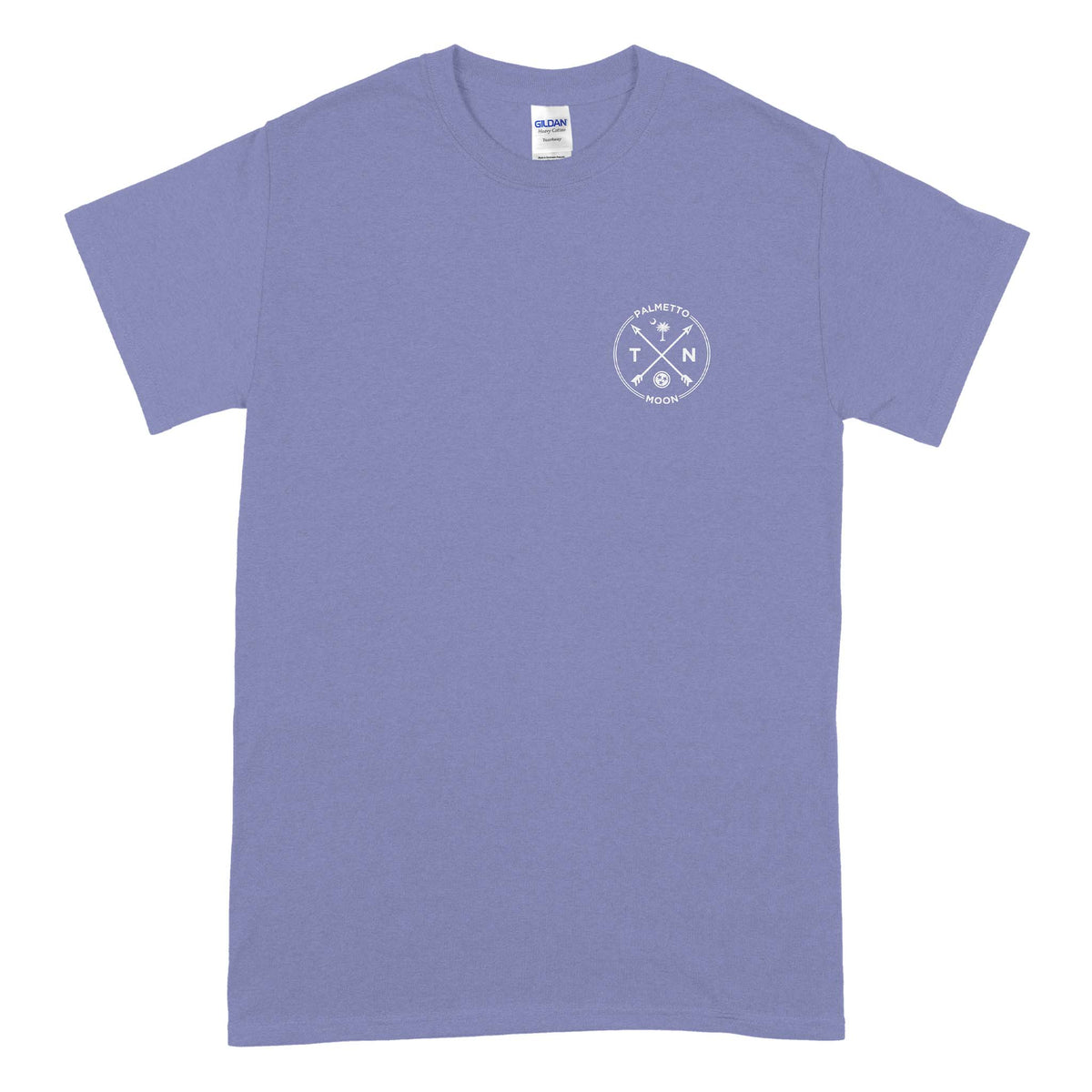 Front of violet t-shirt with small white “Palmetto Moon TN” crossed arrow graphic on left chest.