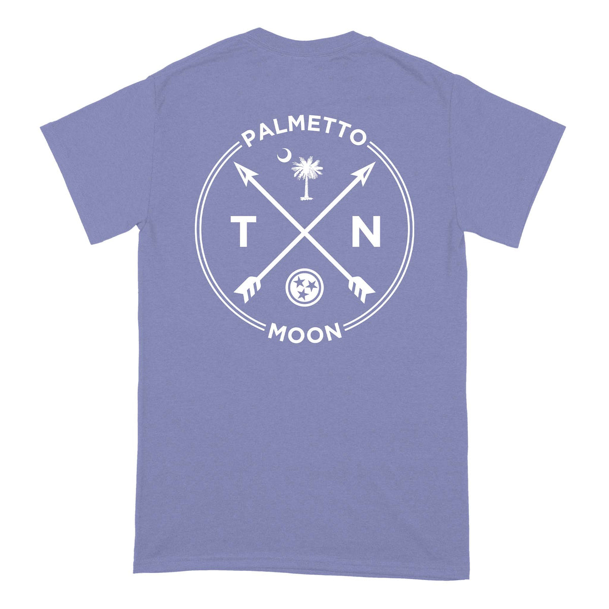 Back of violet short sleeve t-shirt with white crossed arrow graphic and “Palmetto Moon TN” text with Tennessee emblem and palmetto tree.