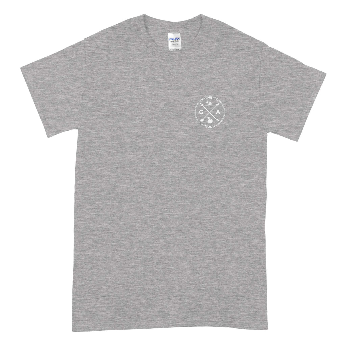 Sport grey short sleeve t-shirt with small left chest logo featuring “GA” crossed arrows, Palmetto tree, peach, and “Palmetto Moon” text.