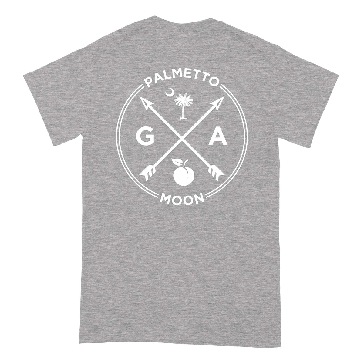 Sport grey short sleeve t-shirt with large back graphic featuring “GA” crossed arrows, Palmetto tree, crescent moon, peach, and “Palmetto Moon” text.
