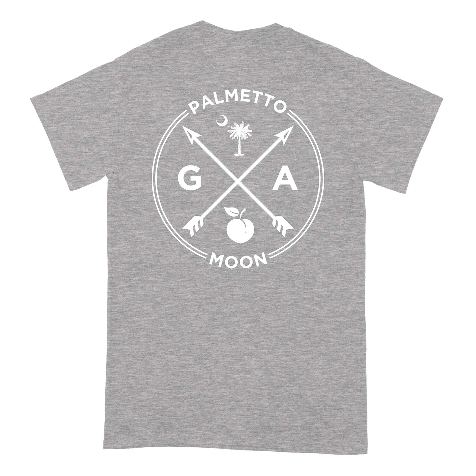 Sport grey short sleeve t-shirt with large back graphic featuring “GA” crossed arrows, Palmetto tree, crescent moon, peach, and “Palmetto Moon” text.