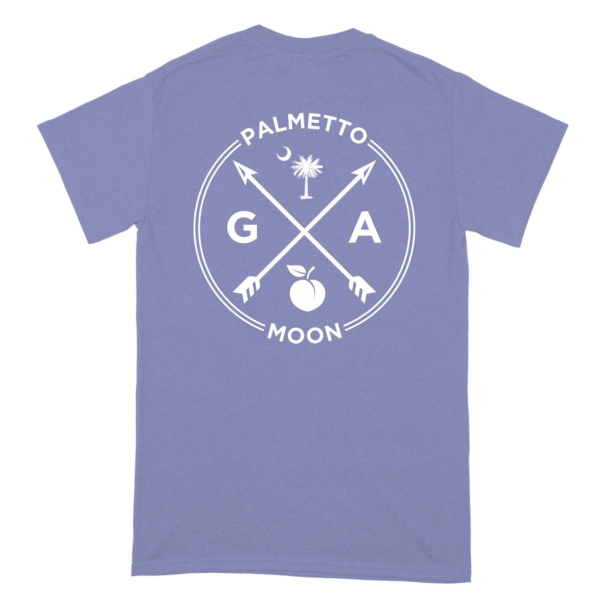 Violet short sleeve t-shirt with large back graphic showing “GA” crossed arrows, Palmetto tree, crescent moon, peach, and “Palmetto Moon” text.