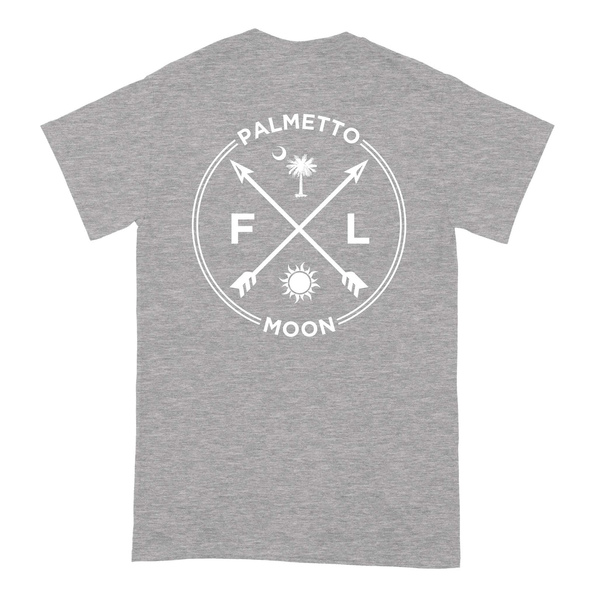 Back of sport grey Palmetto Moon t-shirt with “FL” circular white graphic including arrows, palm tree, moon, and sun icon.
