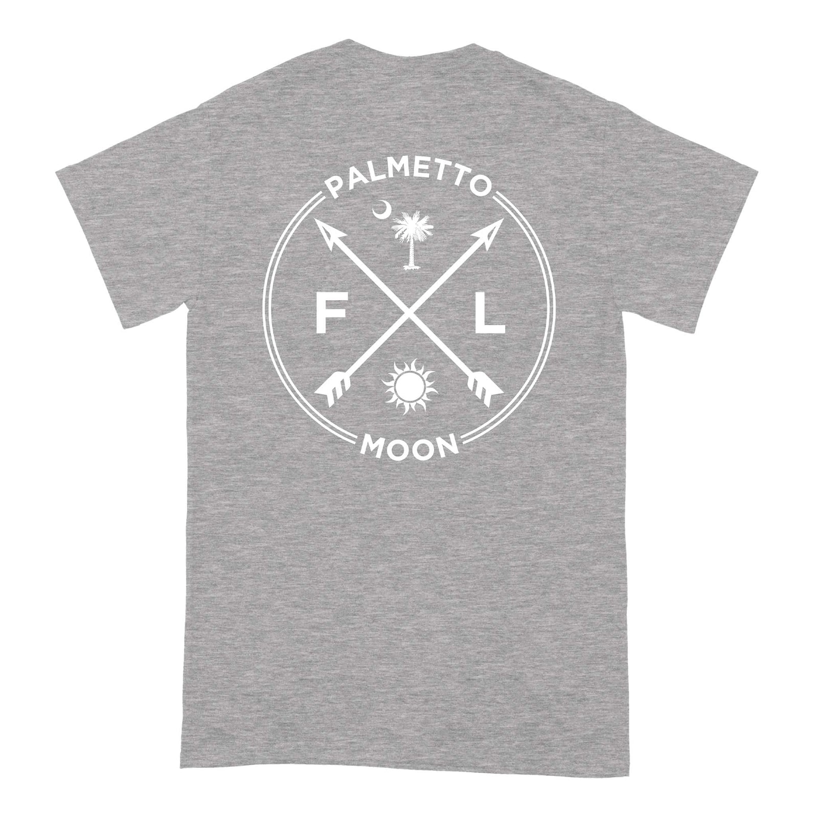 Back of sport grey Palmetto Moon t-shirt with “FL” circular white graphic including arrows, palm tree, moon, and sun icon.