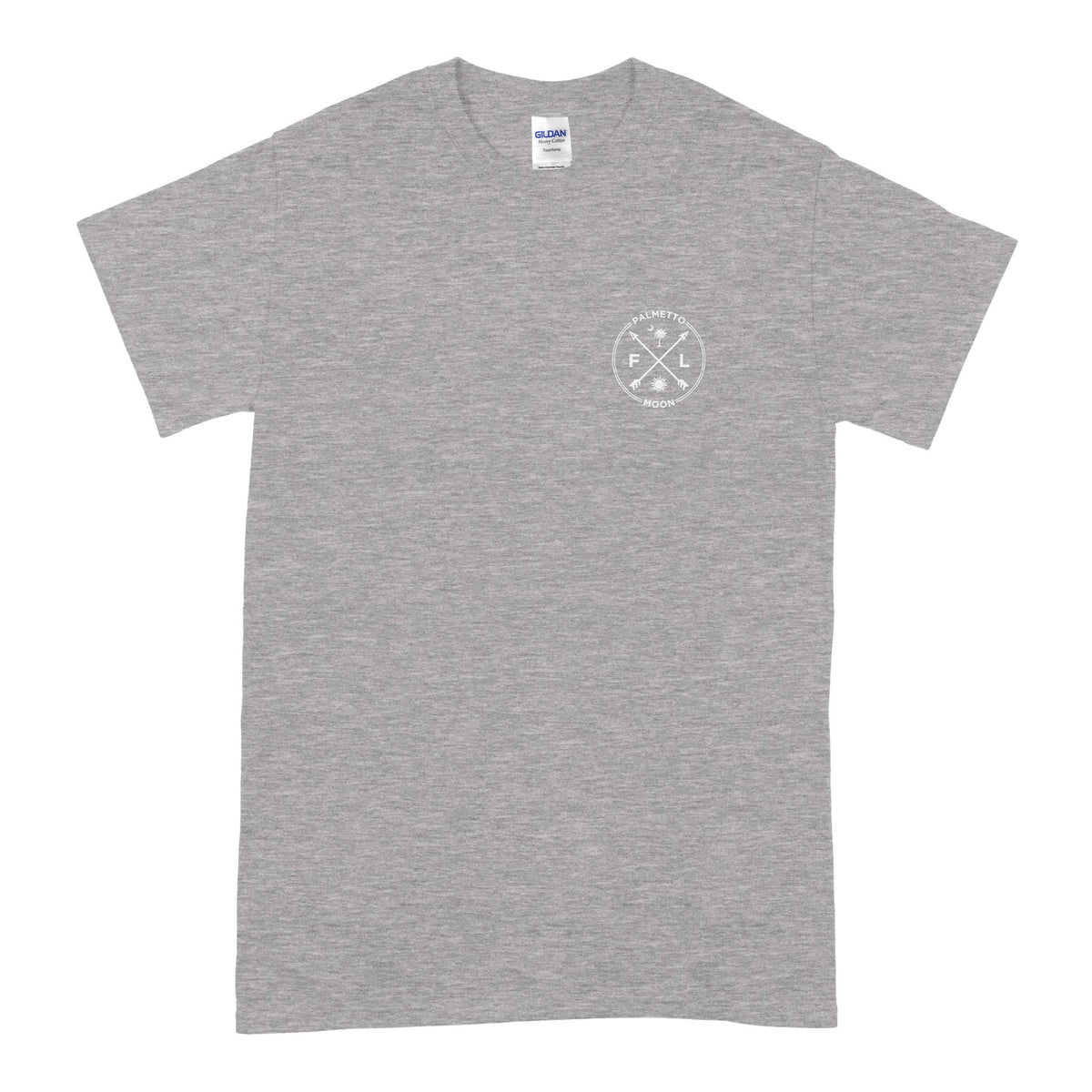 Front of sport grey Palmetto Moon t-shirt with small “FL” white logo featuring arrows, palm tree, moon, and sun on left chest.