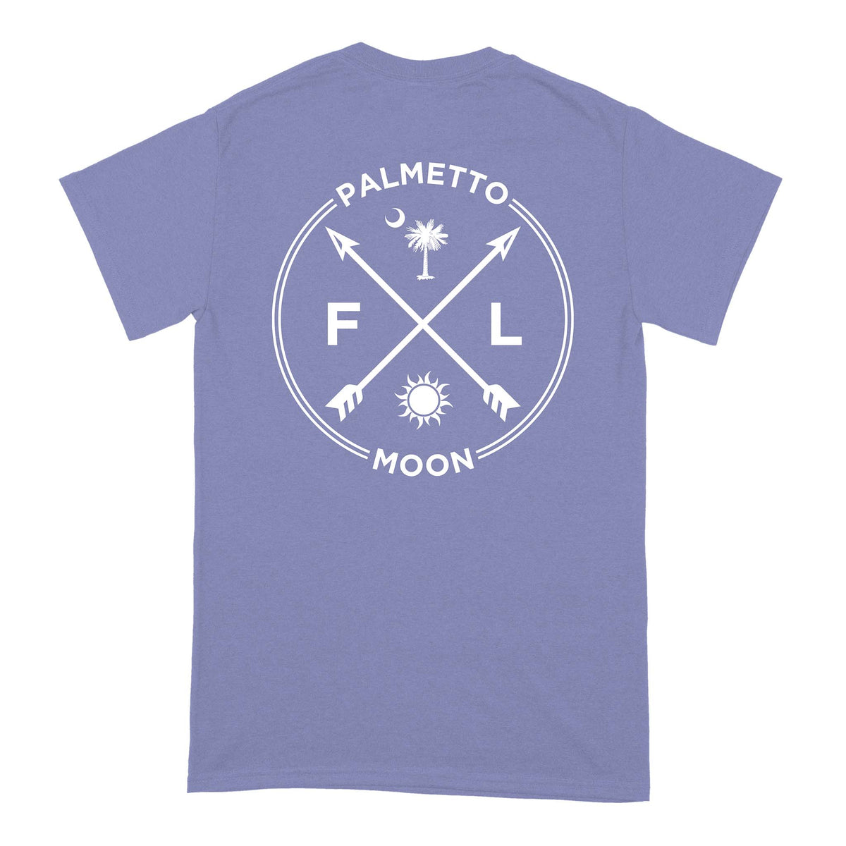 Back of violet Palmetto Moon t-shirt with crossed arrows, palm tree, moon, “FL” initials, and sun icon inside a white circular graphic.