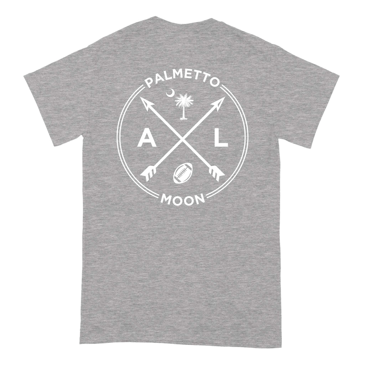 Palmetto Moon Alabama short sleeve t-shirt in sport grey with large back graphic showing crossed arrows, AL letters, palm tree, crescent moon, and football icon.
