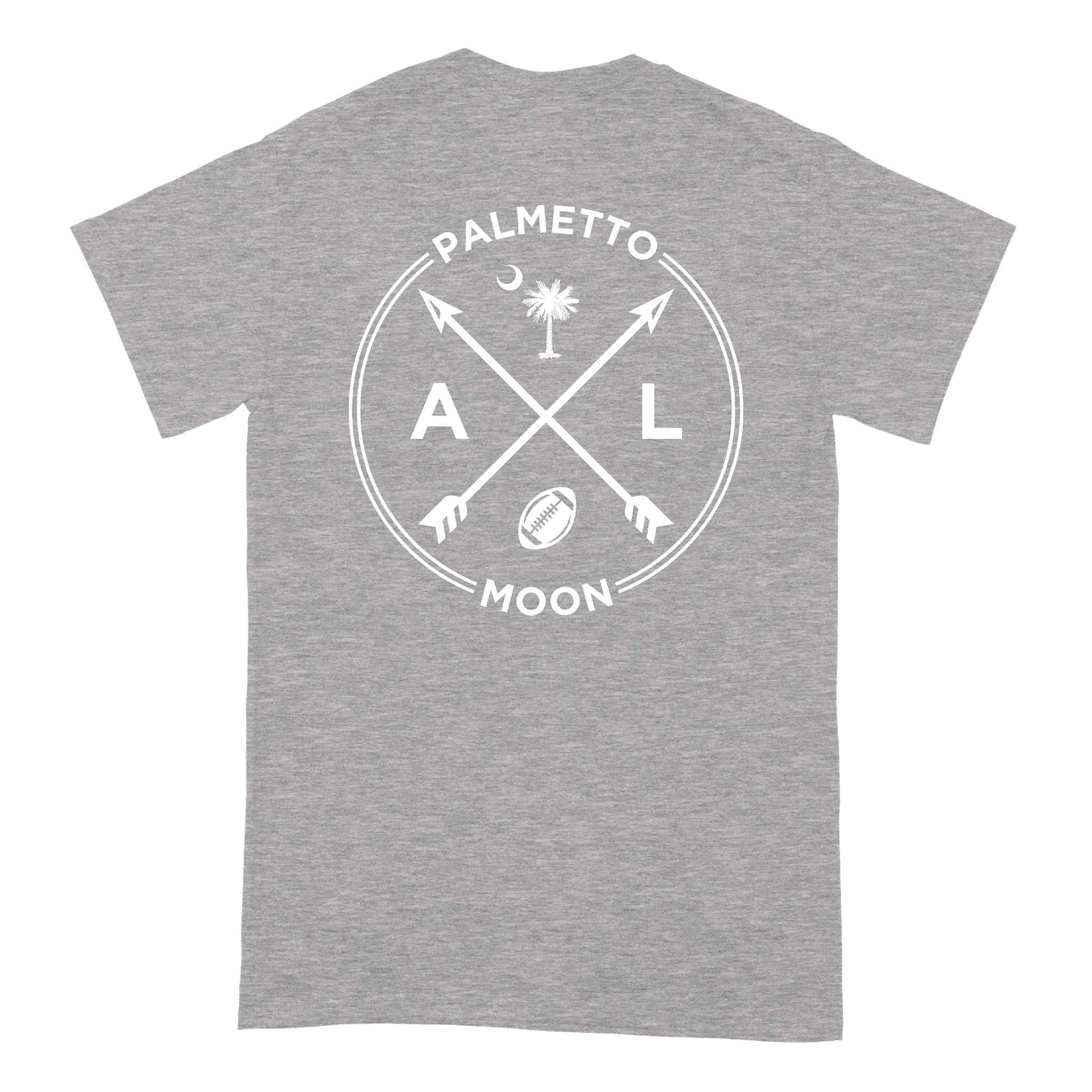 Palmetto Moon Alabama short sleeve t-shirt in sport grey with large back graphic showing crossed arrows, AL letters, palm tree, crescent moon, and football icon.