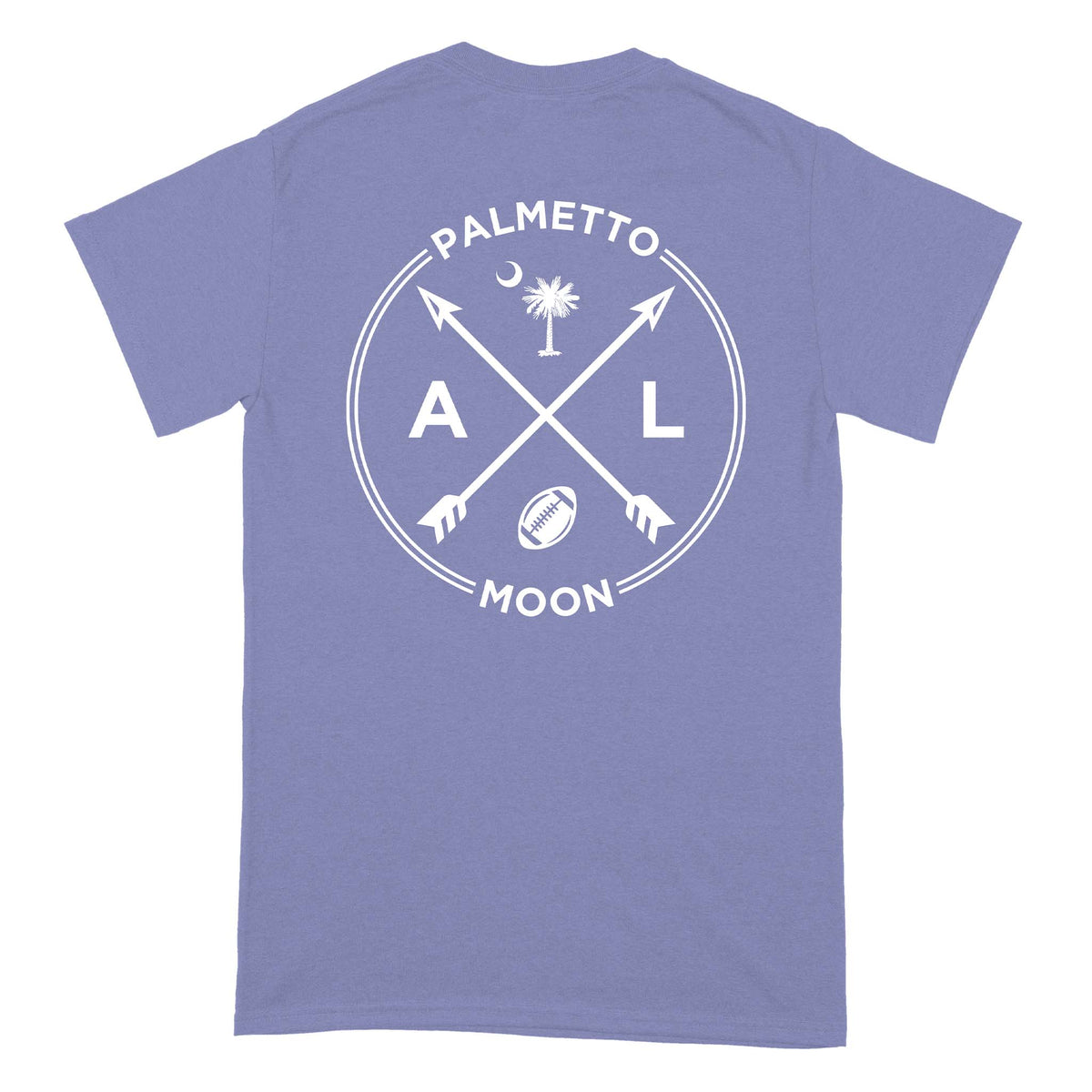 Palmetto Moon Alabama short sleeve t-shirt in violet with large back graphic featuring crossed arrows, AL letters, palm tree, crescent moon, and football icon.