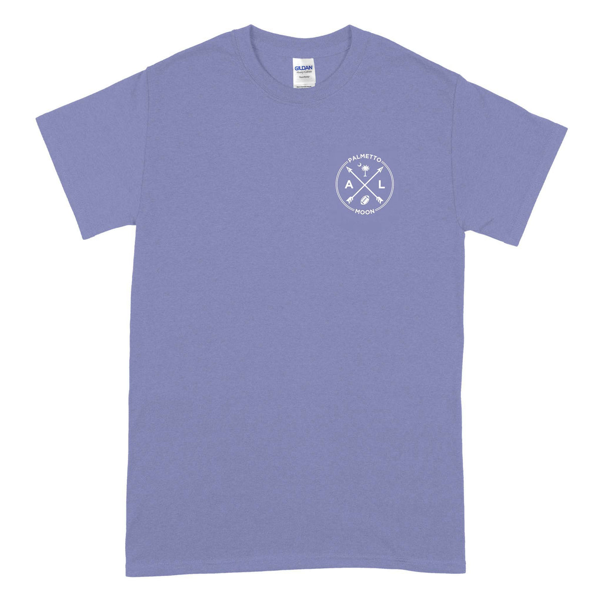 Front of violet Alabama Palmetto Moon t-shirt with small chest graphic of crossed arrows, AL letters, football, and palm tree.