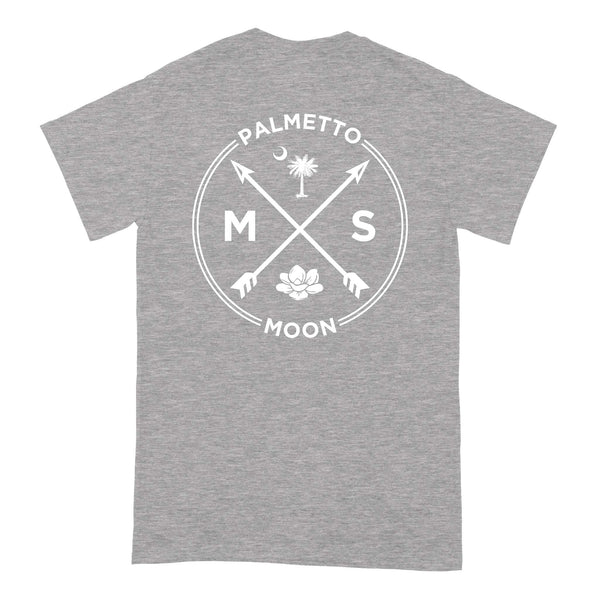  Back of grey short sleeve t-shirt with large MS Palmetto Moon graphic featuring crossed arrows, palmetto tree, crescent moon, and magnolia flower in white.