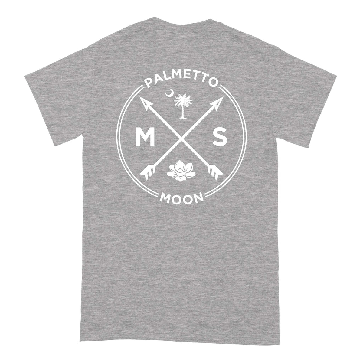 Back of grey short sleeve t-shirt with large MS Palmetto Moon graphic featuring crossed arrows, palmetto tree, crescent moon, and magnolia flower in white.