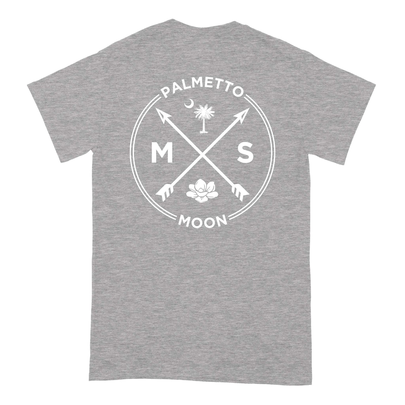 Back of grey short sleeve t-shirt with large MS Palmetto Moon graphic featuring crossed arrows, palmetto tree, crescent moon, and magnolia flower in white.