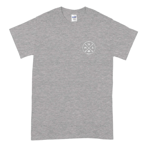  Grey short sleeve t-shirt with small MS Palmetto Moon logo on the left chest, showing crossed arrows, palmetto tree, and magnolia flower in white.