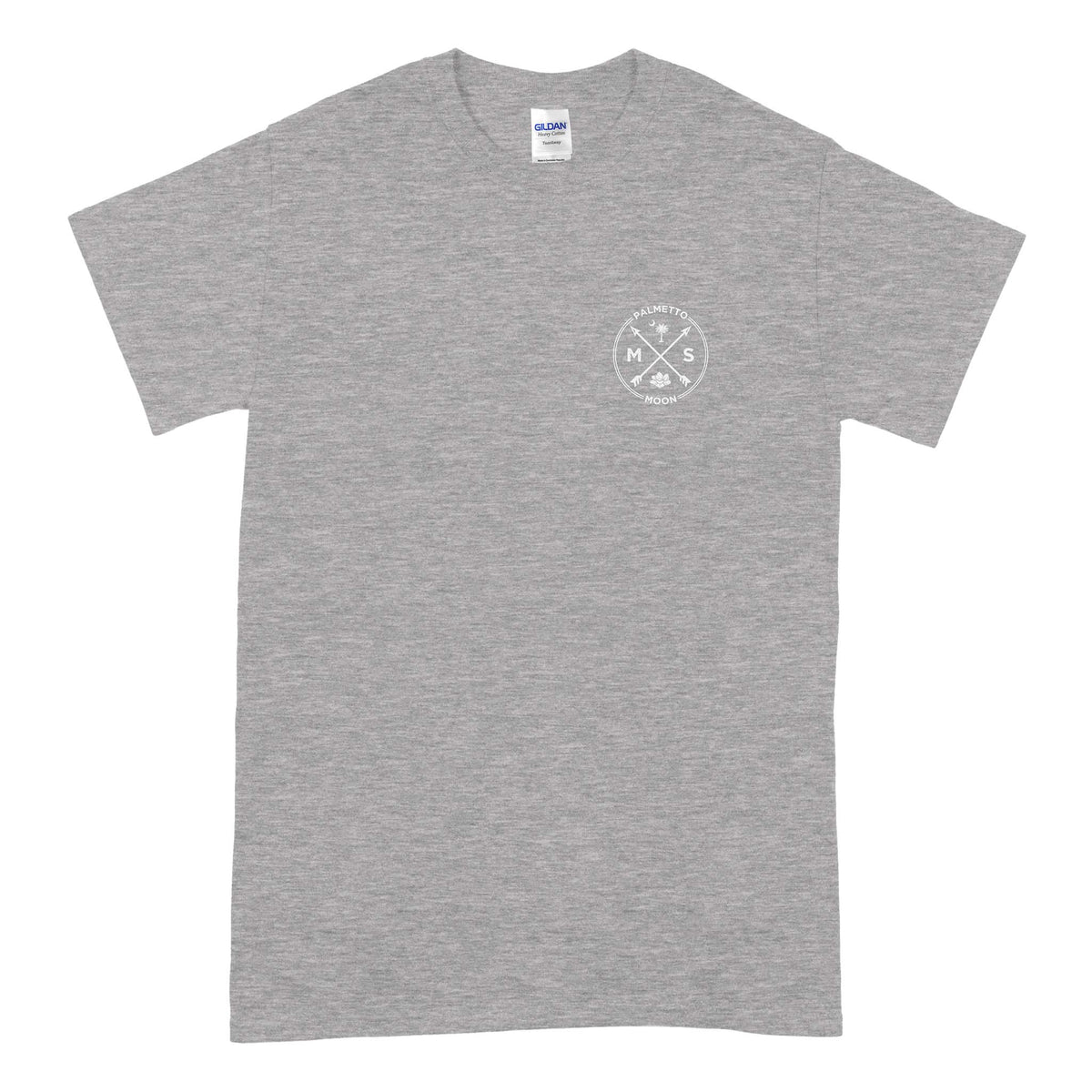 Grey short sleeve t-shirt with small MS Palmetto Moon logo on the left chest, showing crossed arrows, palmetto tree, and magnolia flower in white.