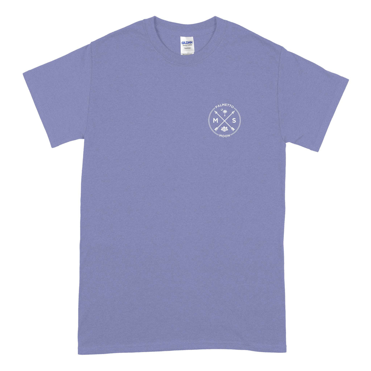 Light purple short sleeve t-shirt with small circular MS Palmetto Moon logo on the left chest, featuring arrows, a palmetto tree, and magnolia flower.