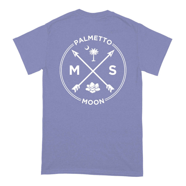  Back of violet short sleeve t-shirt with large MS Palmetto Moon logo featuring crossed arrows, palmetto tree, crescent moon, and magnolia flower in white.