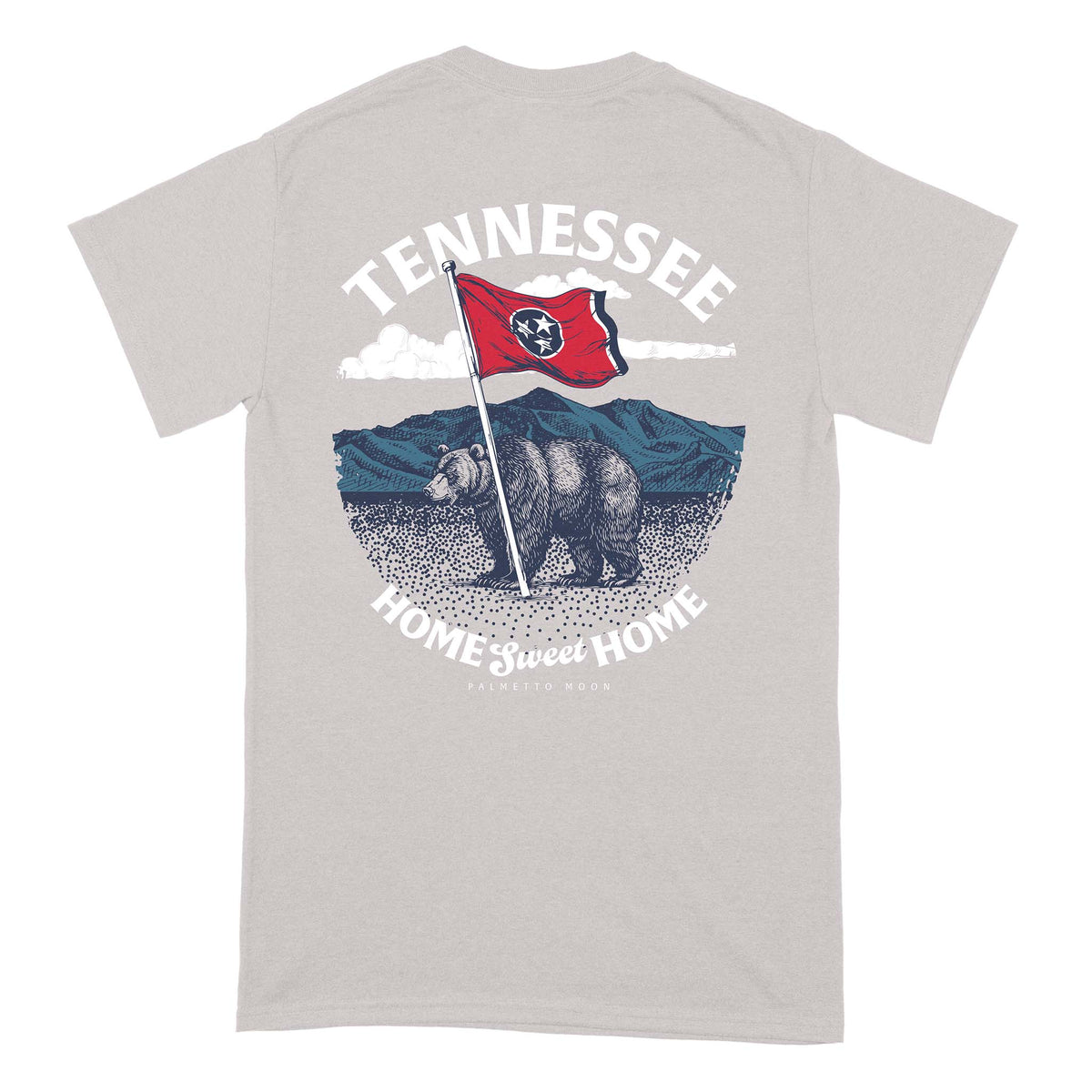 Back design - Light grey short sleeve t-shirt with Tennessee “Home Sweet Home” graphic featuring a bear holding the state flag against a mountain backdrop.