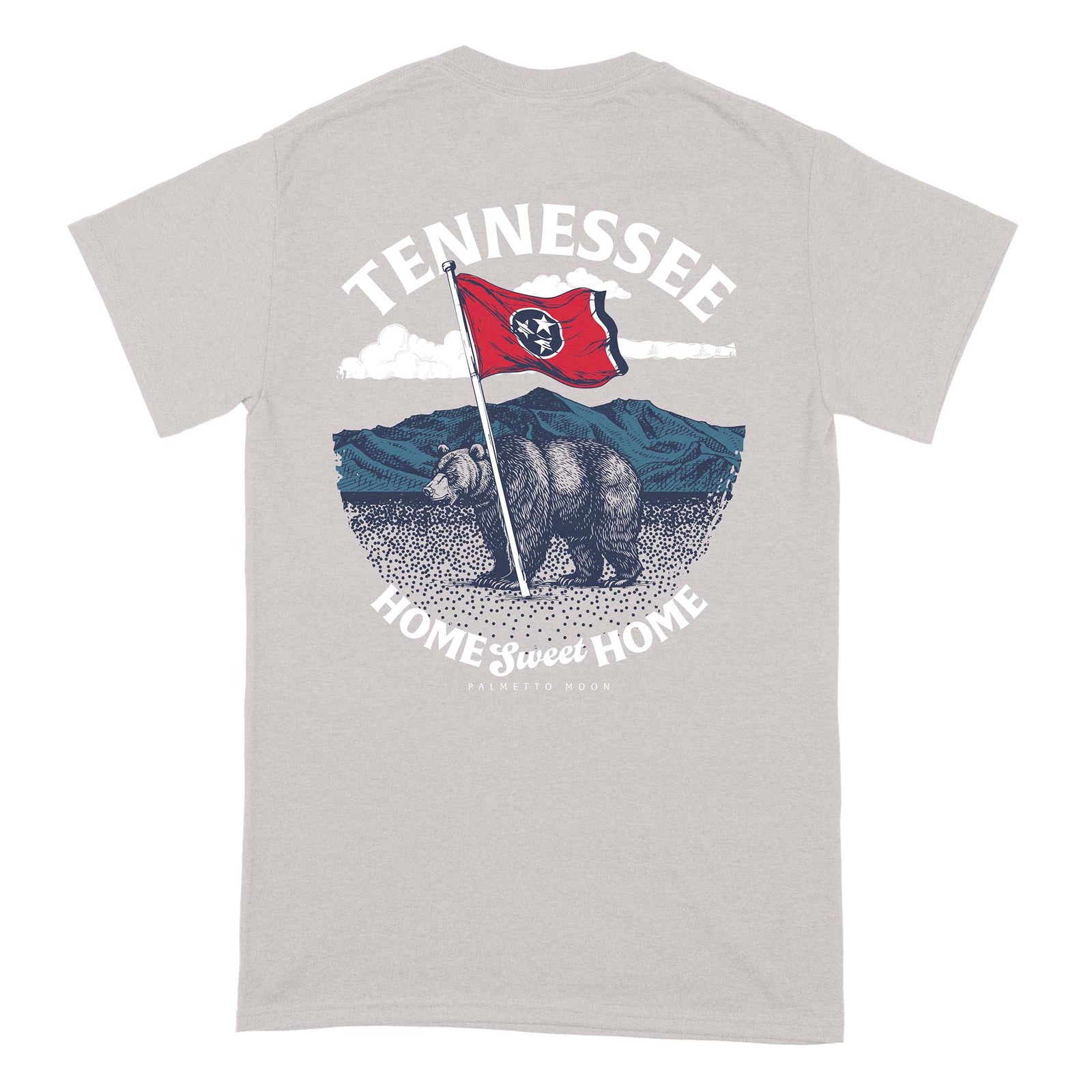 Back design - Light grey short sleeve t-shirt with Tennessee “Home Sweet Home” graphic featuring a bear holding the state flag against a mountain backdrop.