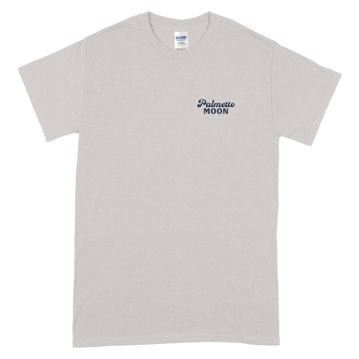 Front design: Light grey short sleeve t-shirt with small navy “Palmetto Moon” logo on left chest.