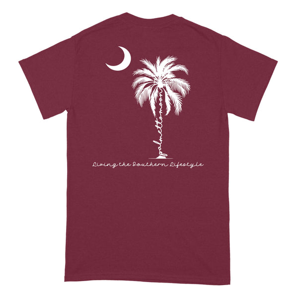  Back view of garnet Palmetto Moon t-shirt with white palmetto tree, crescent moon, and “Living the Southern Lifestyle” script.