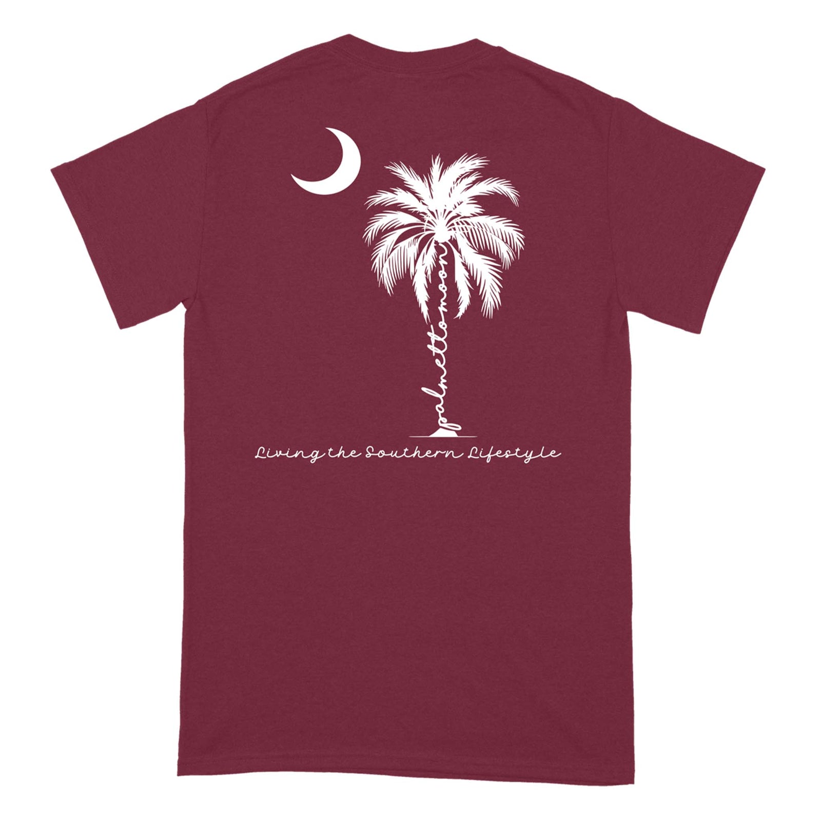 Back view of garnet Palmetto Moon t-shirt with white palmetto tree, crescent moon, and “Living the Southern Lifestyle” script.