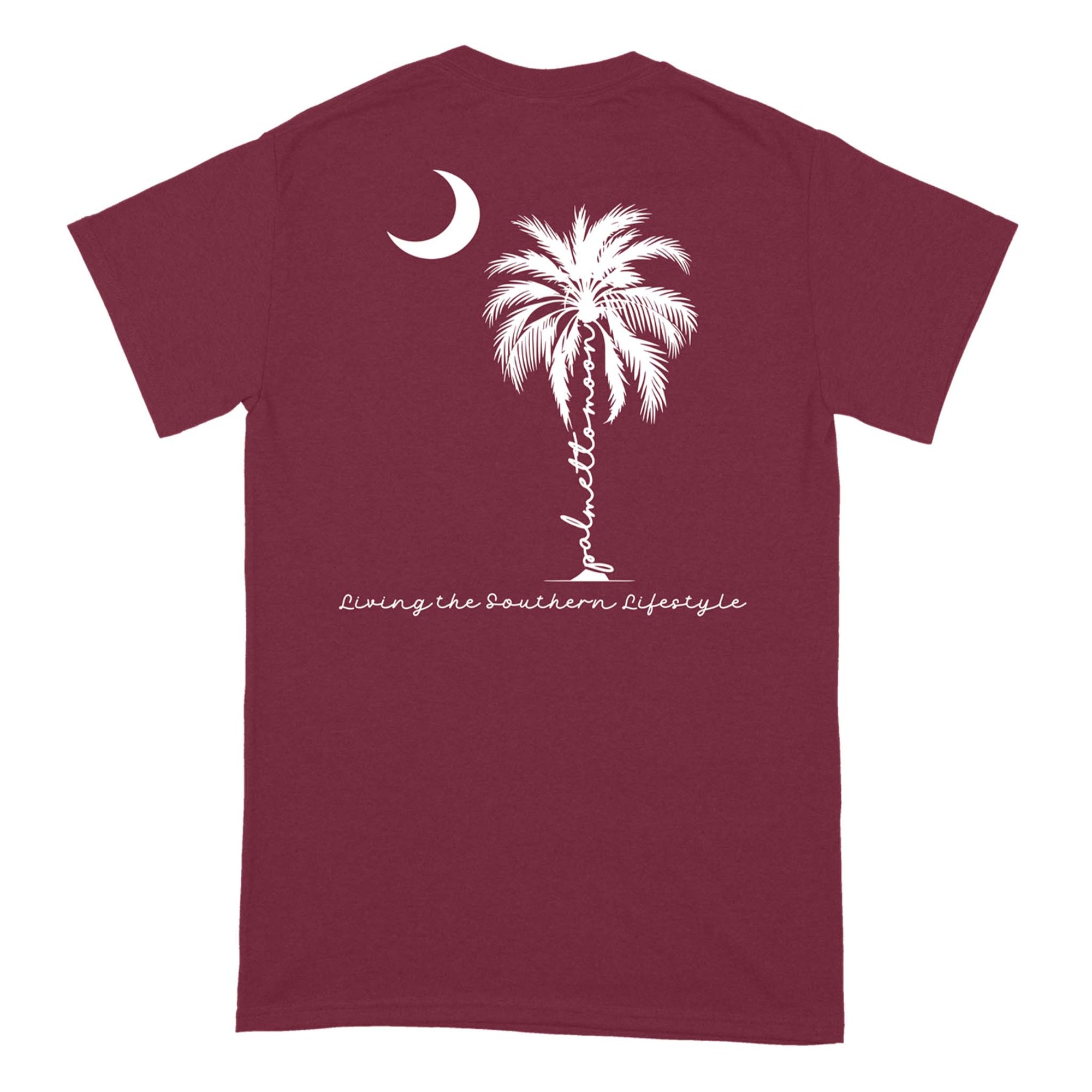 Back view of garnet Palmetto Moon t-shirt with white palmetto tree, crescent moon, and “Living the Southern Lifestyle” script.