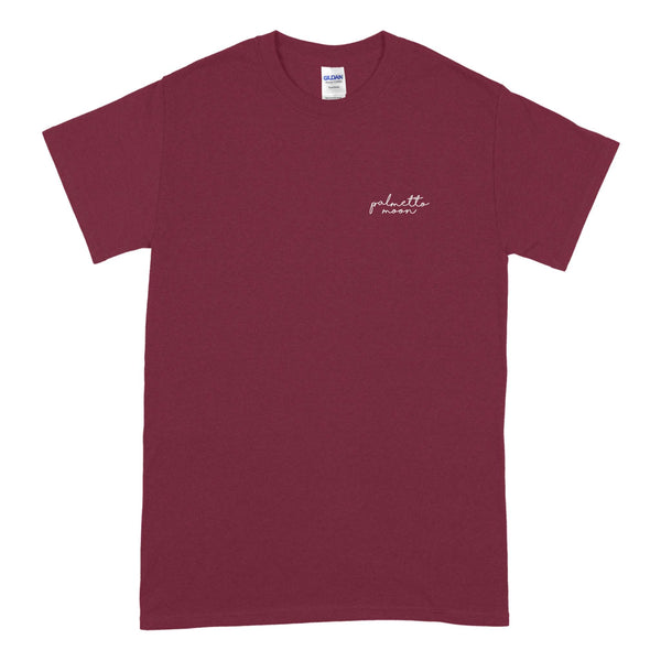  Front view of garnet Palmetto Moon t-shirt with small chest logo in white.