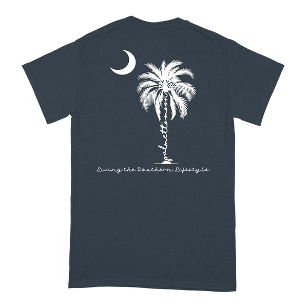  Back view of midnight Palmetto Moon t-shirt with white palmetto tree, crescent moon, and “Living the Southern Lifestyle” script.