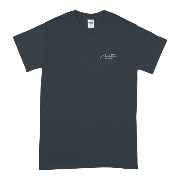  Front view of midnight Palmetto Moon t-shirt with small chest logo in white.