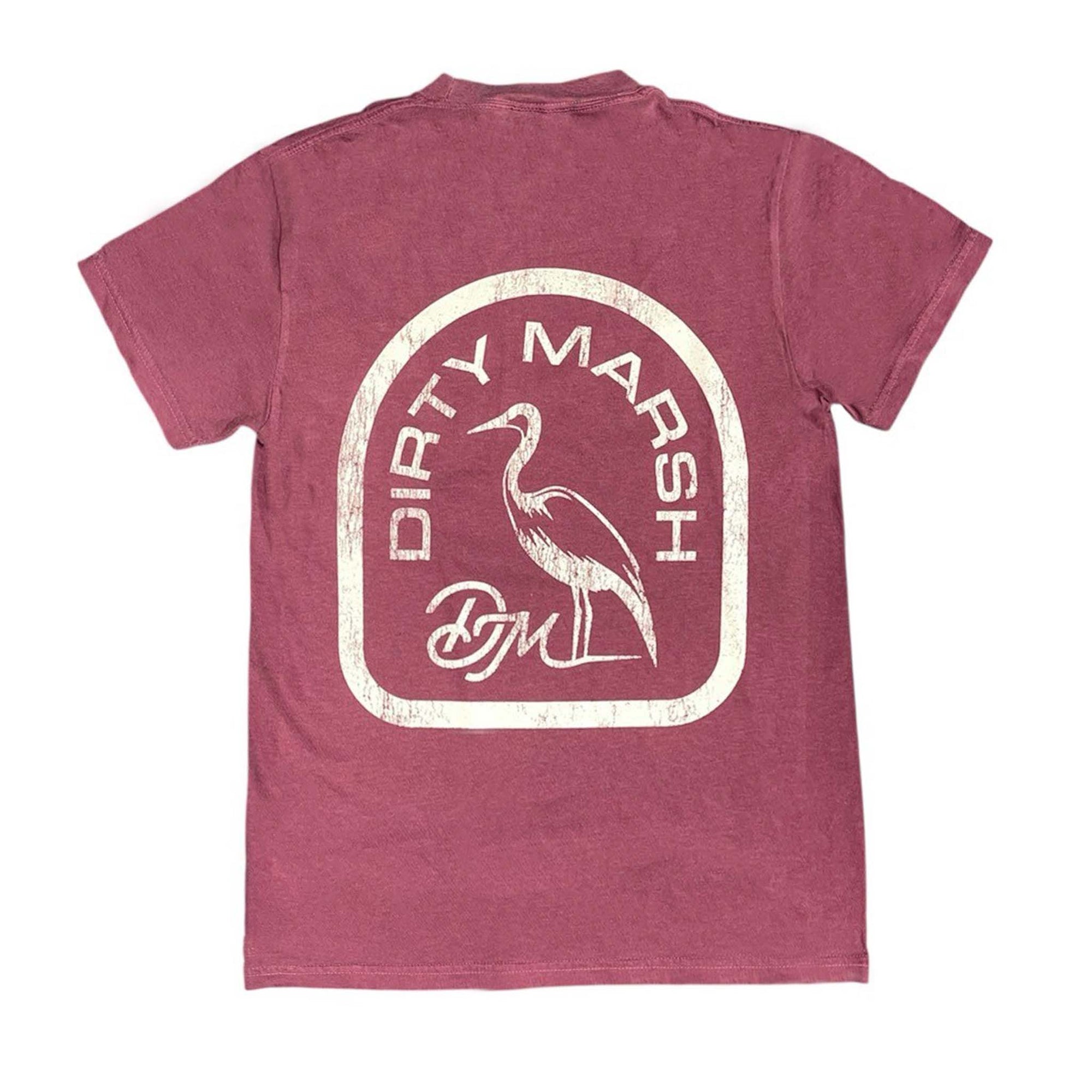 Back view of berry-colored Dirty Marsh t-shirt with large white heron logo and “Dirty Marsh” text in arched design.