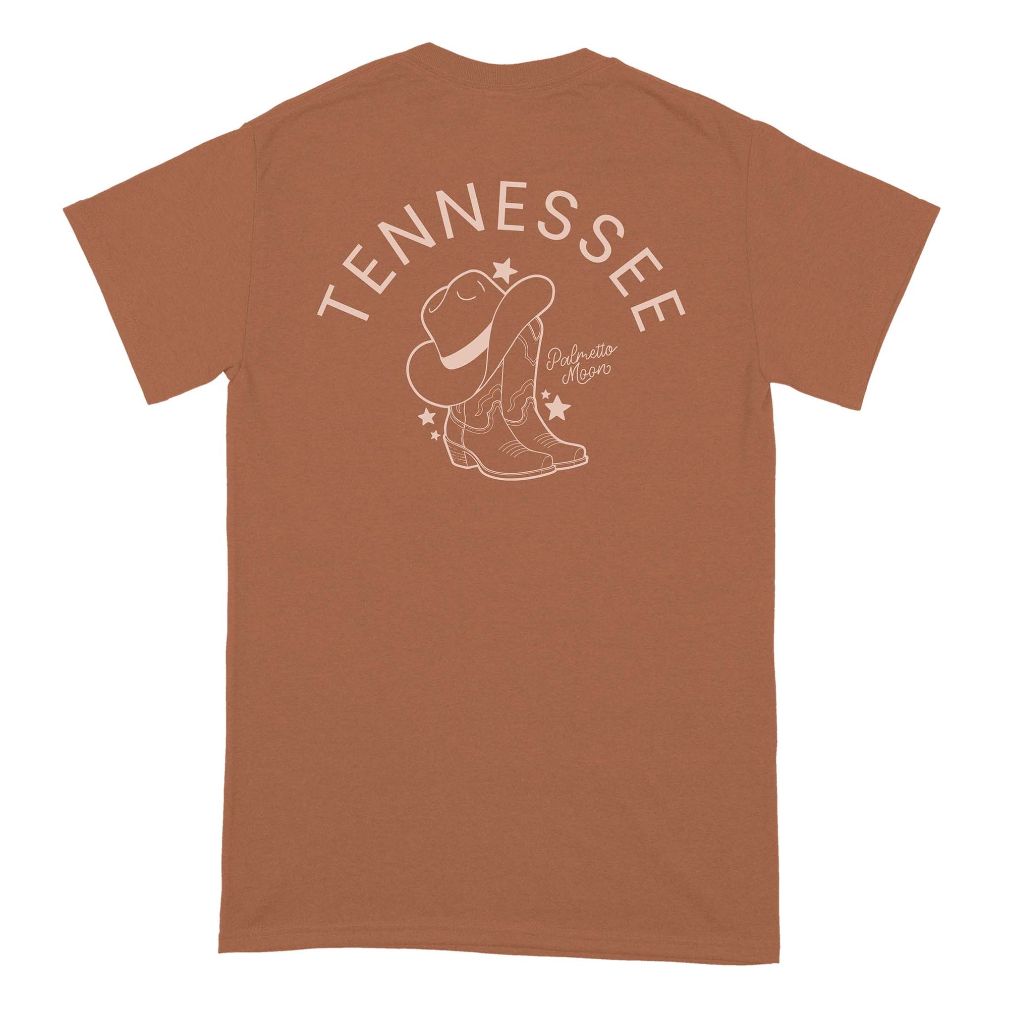 Brown t-shirt with 'TENNESSEE' and cowboy hat design on a white background