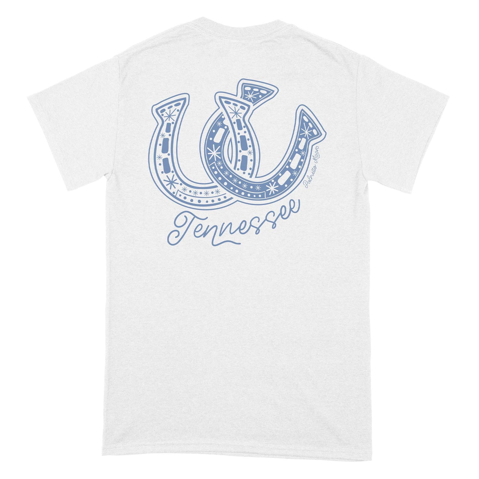 White t-shirt with blue horseshoe design and 'Tennessee' text on a white background