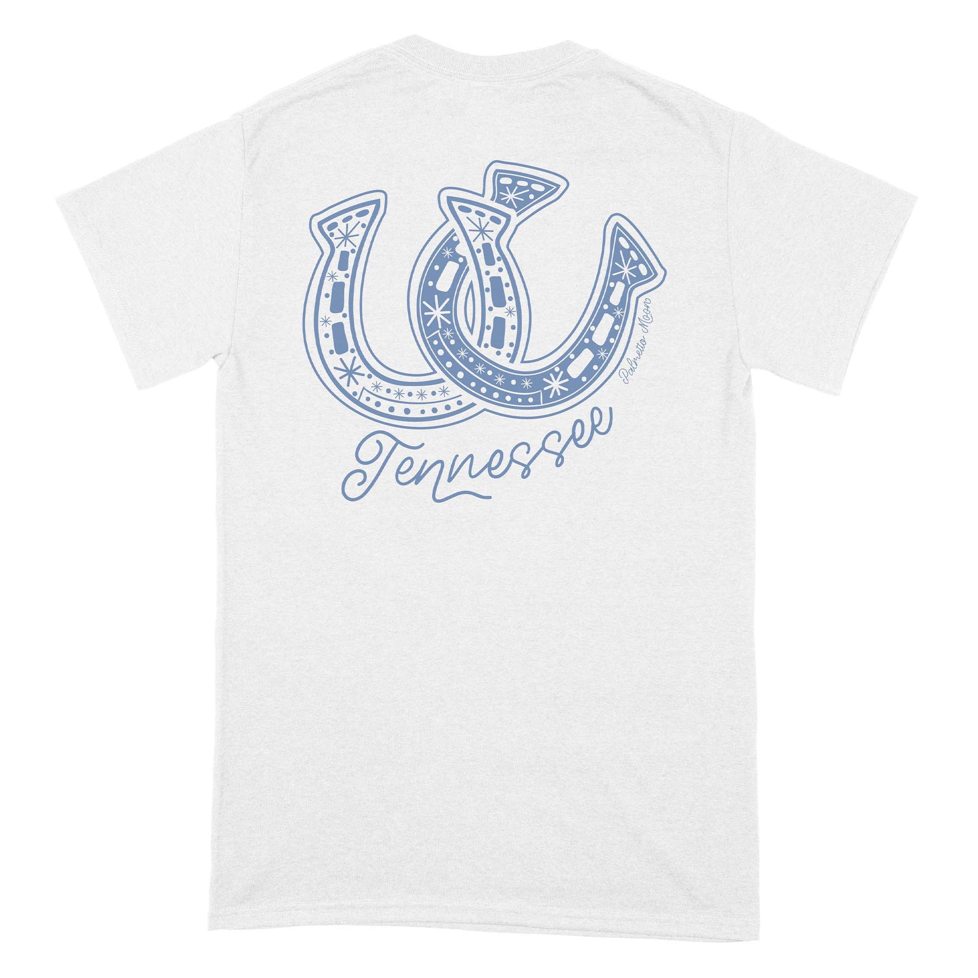 White t-shirt with blue horseshoe design and 'Tennessee' text on a white background