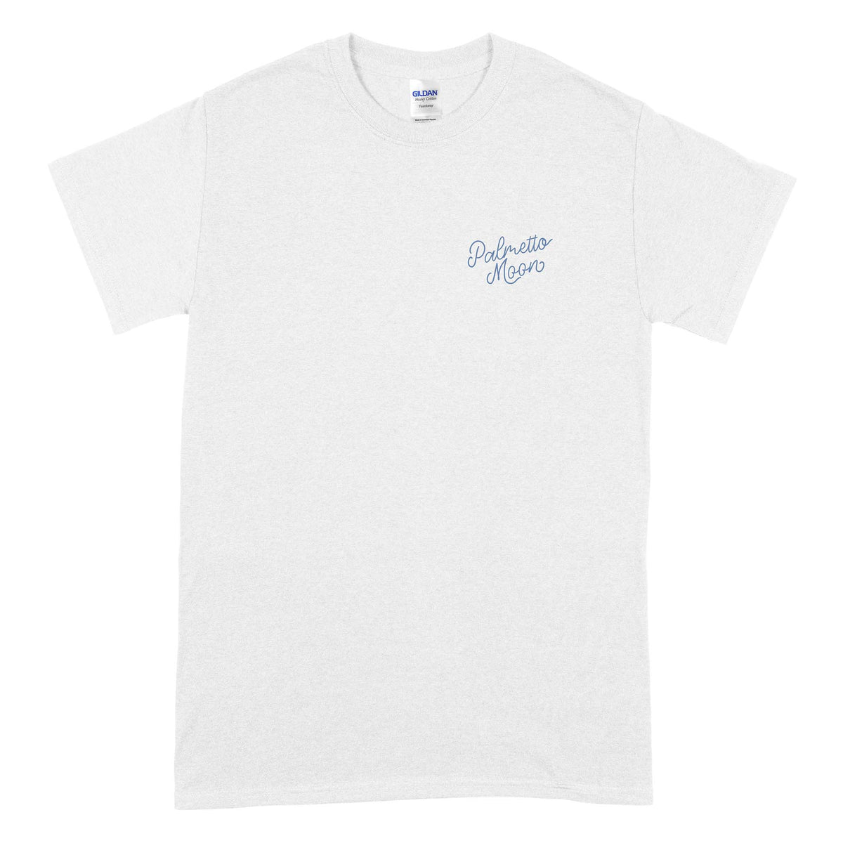 White t-shirt with blue text on a white background