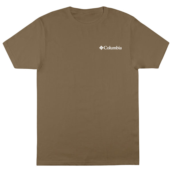Brown t-shirt with Columbia logo on a white background