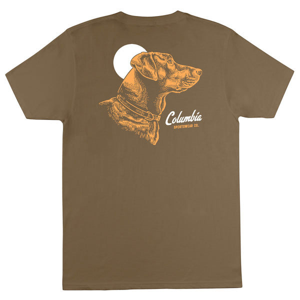 Brown t-shirt with a dog illustration and 'Columbia' logo on the back