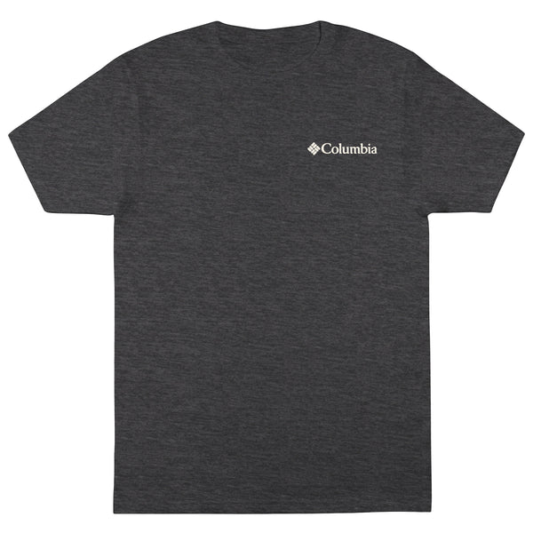 Dark gray t-shirt with Columbia logo on a white background