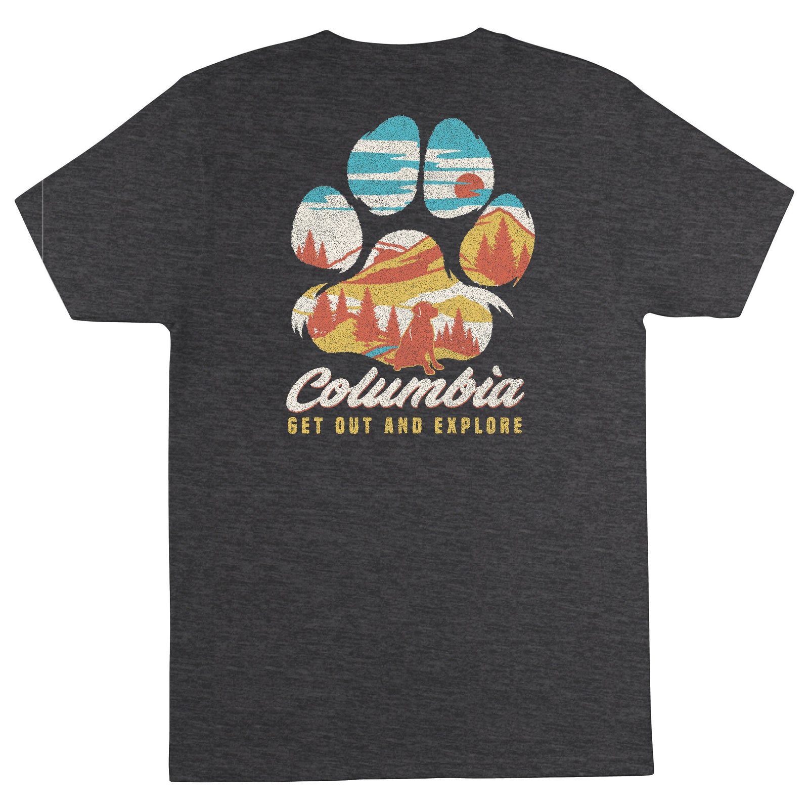Dark gray t-shirt with a colorful paw print design and 'Columbia Get Out and Explore' text on a white background