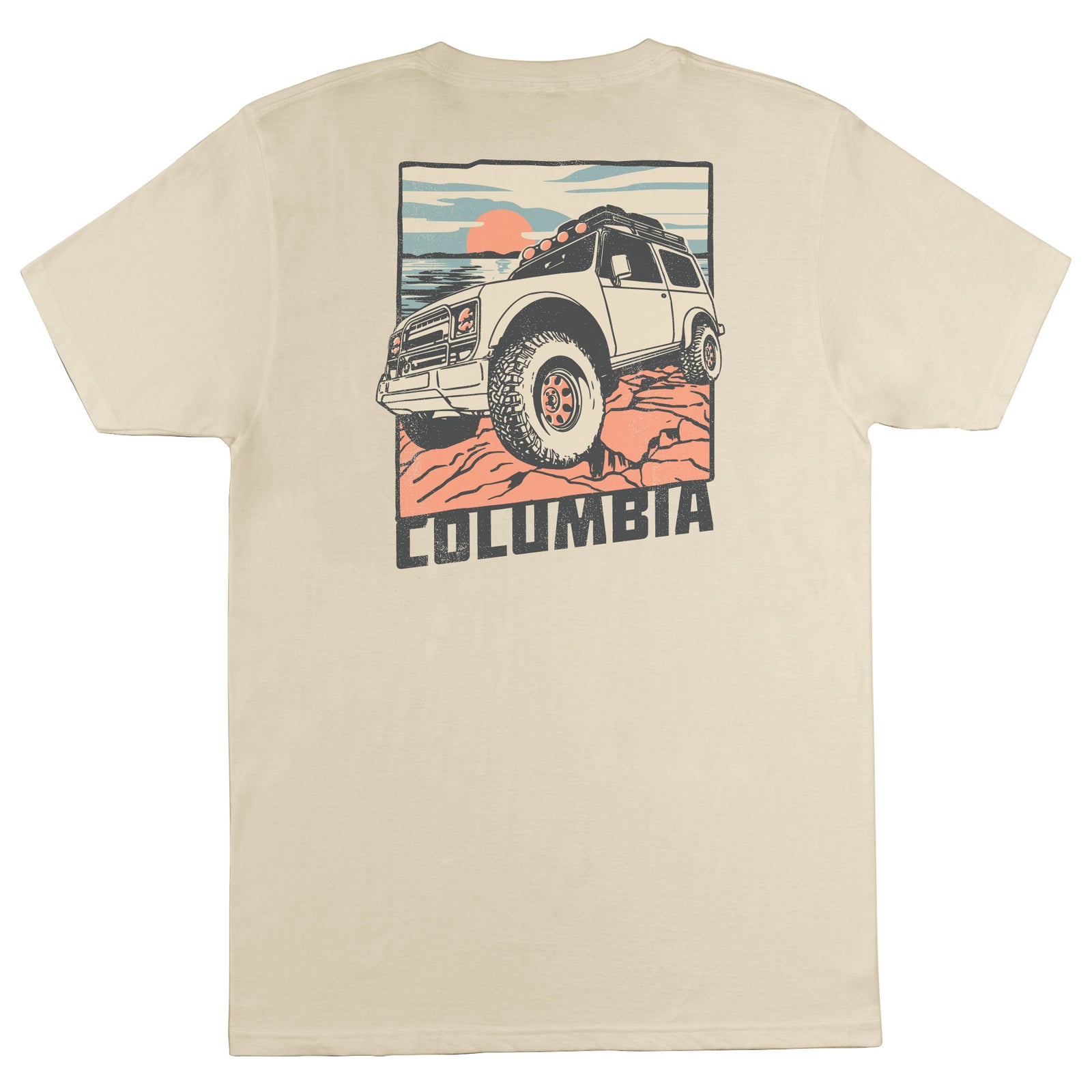 Beige t-shirt with a graphic of a truck and 'Columbia' branding on a white background