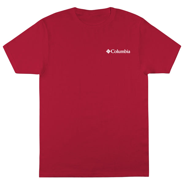 Red t-shirt with Columbia logo on a white background