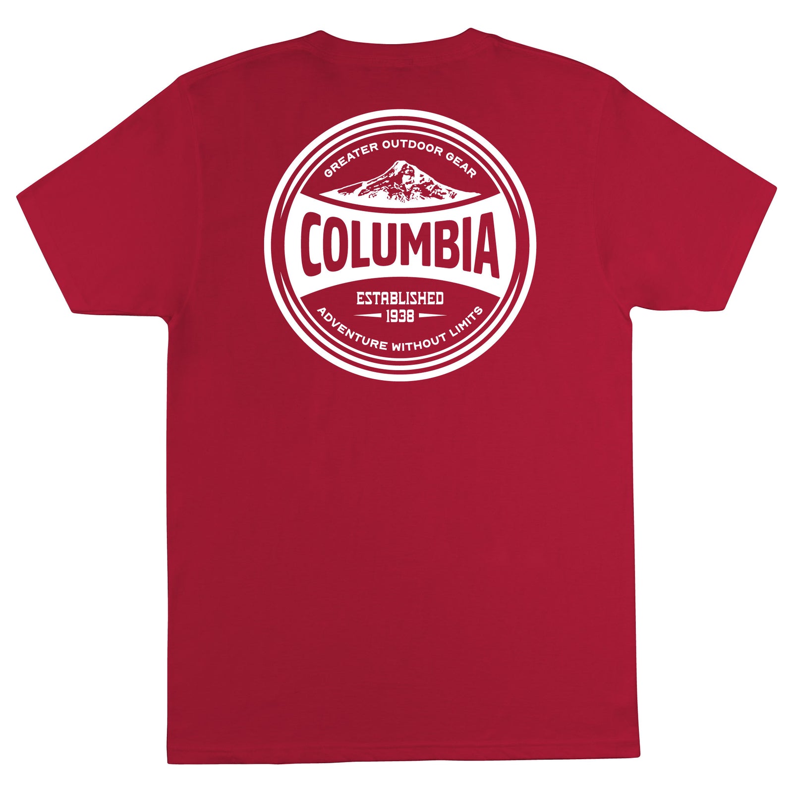Red t-shirt with Columbia logo on the back against a white background