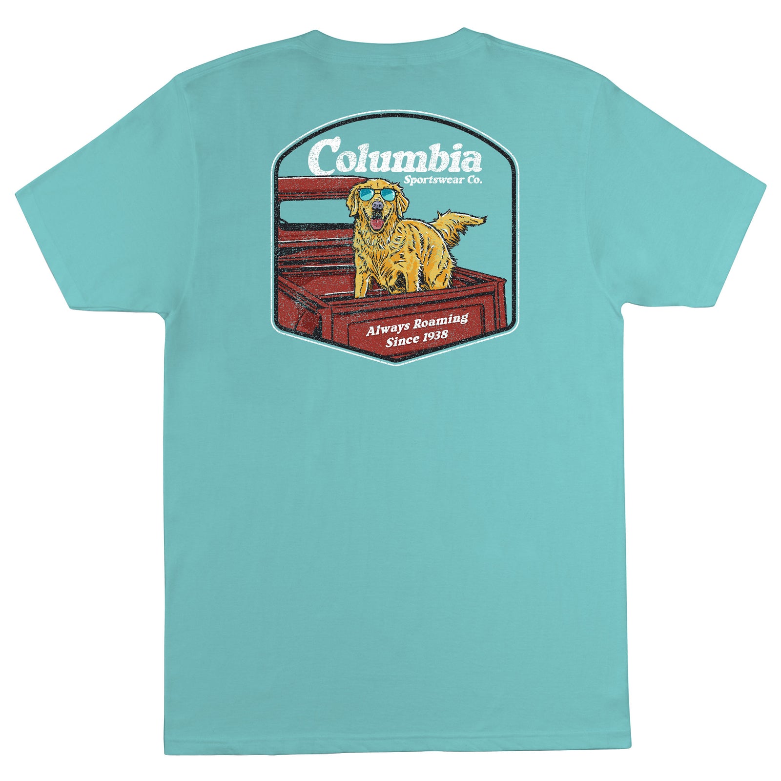 Teal t-shirt with Columbia logo and dog graphic on the back