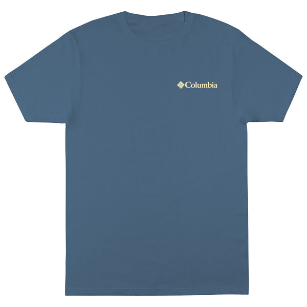 Blue t-shirt with Columbia logo on a white background