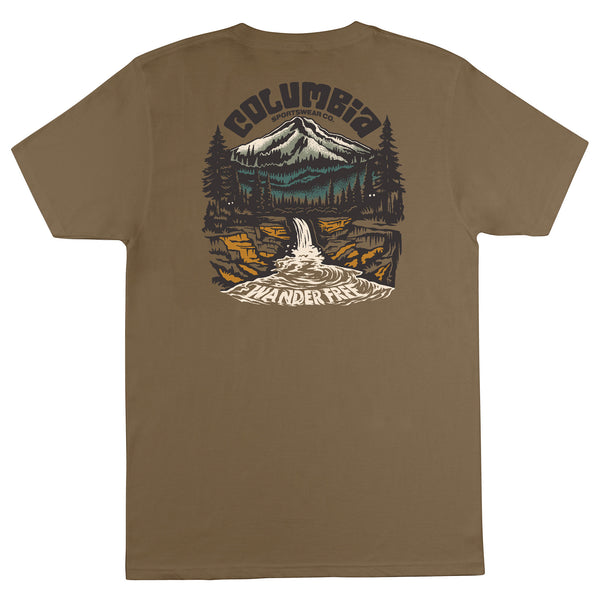  Brown t-shirt with nature-themed graphic and 'Columbia' branding on the back.