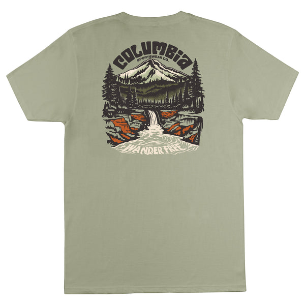  Light green t-shirt with a nature-themed graphic and 'Columbia' branding on the back.